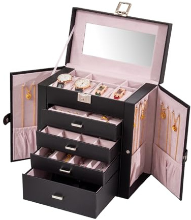FEIYAN Large Jewelry Box,5-Tier PU Leather Jewelry Organizer with Lock,Multi-functional Storage Case with Mirror,Jewelry Organizer for Bracelets, Earrings, Rings, Necklaces (BLACK)
