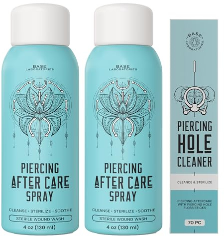 BASE LABORATORIES Piercing Aftercare Spray 4oz | Saline Spray for Piercings | Ear Piercing Cleaner | Saline Solution for Piercings | Keloid Bump Removal for Ears, Belly Nose Piercings - 2PK