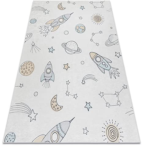 rugsx Bambino Kinderteppich mit Muster „Weltraum, Rakete” - Waschbar, Anti-Rutsch, Creme 80x150 cm