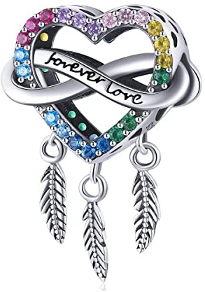 Qings Herzförmige Traumfänger-Perlen Buntes Herz hohle Unendlichkeit Feder für immer Liebe Anhänger Charme 925er Sterling Silber für Armband Halskette eleganter zierlicher Geschenk für Frauen