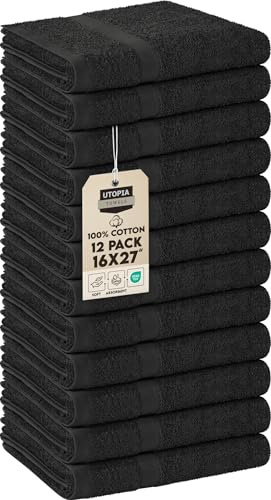 Utopia Towels Toallas de salón, no aptas para lejía, de algodón, 40,6 x 68,6 cm, Muy absorbentes para Manos, Gimnasio, Belleza, SPA y Cuidado del Cabello en casa, Paquete de 12, Negro