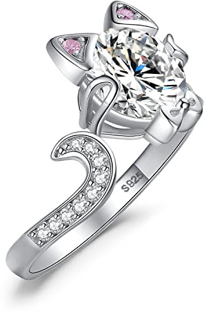 JewelryPalace Süße Katze Offen Verstellbarer Ring Damen, Statement Ring Rosa Zirkonia Stein Schmuck Set, Katzenkopf Katzenschwanz Ringe Schleife Damenring Silber 925 Frauen Geschenk, Schmuck Mädchen