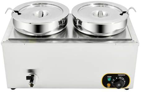 Commercial Bain Marie,1500W Stainless Steel Electric Food Warmer Temperature Control with Lids, Drain Tap, Containers 7.4L x2