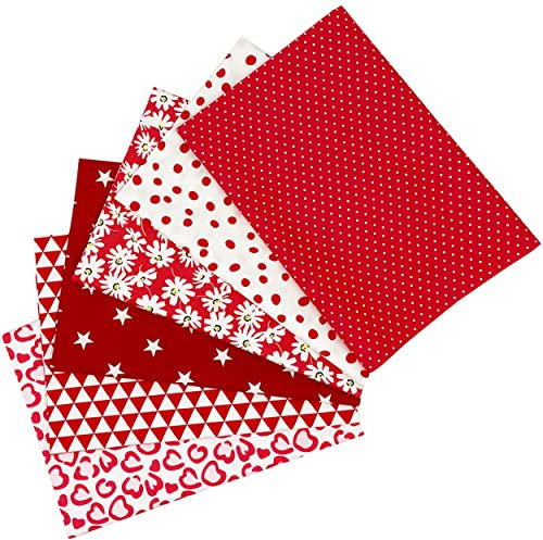 Jukway 6 piezas de tela de algodón, Telas por metros 50 x 50 cm, patchwork, para coser, acolchado, decoración, manualidades, tela de algodón puro, estampada, paquetes de tela (rojo)
