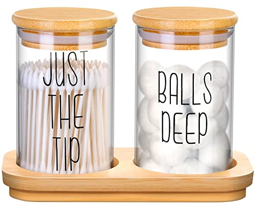 Funny Qtip Holder Dispenser 2 Pack Glass Apothecary Jars Canisters with Tray, Cotton Ball Qtip Holder Bathroom Set with Bamboo Lids for Cotton Swab Farmhouse Bathroom Storage Organization