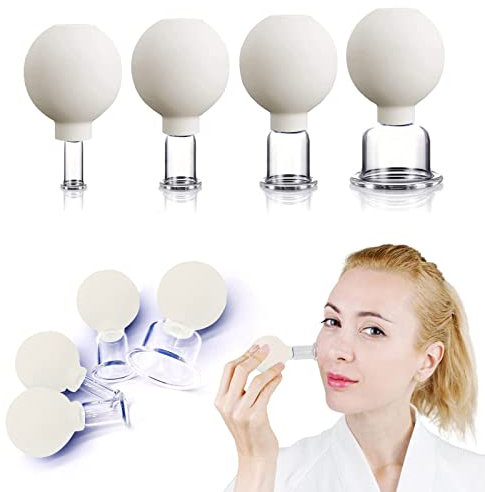 4 PCS Glass Facial Cupping Set | Silicone Vacuum Suction | Cupping Massage Therapy | A Kit For Anti Cellulite, Anti Wrinkle and Instantly Ageless Skin | For Eyes, Face and Body(White)