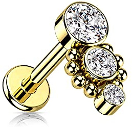 Treuheld® Labret Piercing mit 3 Kristallen und Verzierung | 2 Größen | 4 Farben