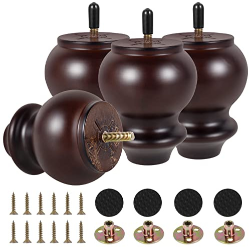 Beenle-Icey 4Pcs Furniture Legs Gourd Shape Wood Furniture Feet H10cm Retro Walnut Sofa Legs with Pre-Drilled 5/16''/M8 Bolt & Mounting Plate & Screws for Table Cabinet Cupboard Couch Chair