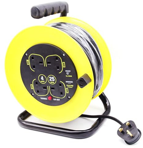 25 Metres Four Socket Open Cable Reel Extension Lead Garden Outdoor with Winding Handle 13A 4 Socket Thermal Out and Power Switch High Visibility Cable
