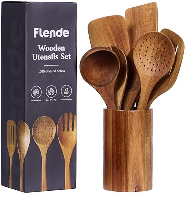 Wooden Spoons for Cooking, Beautifully Handcrafted Wooden Kitchen Utensils Set of 8 Pcs, Ergonomic, Lightweight & Durable Wooden Spatulas and Spoons, Natural Non-Stick Heat-Resistant Kitchen Cookware