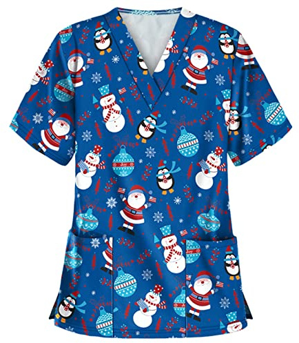 Hospital Scrubs Wrap Mock Nursing Utility Shirt Care Uniform Healthcare Tunic Ladies Scrub Top Christmas Wrap V-Neck Classic Fit Cat Grooming Utility Shirt Tunic Blue