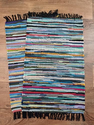 Fleckerl Niveau Handweb Fleckerlteppich Multi Flickenteppich 60x90 cm 2.000g/m2 (Fransen schwarz)