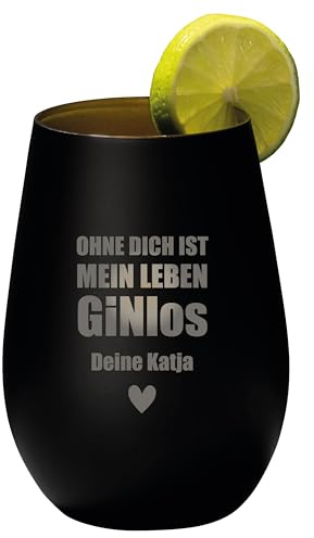 4youDesign Gin Tonic Glas mit Personalisierung Name Ohne dich ist mein Leben GINlos – Geschenk für Männer, Frauen – Tumbler-Party-Glas aus Kristallglas – sehr bruchsicher – Schwarz – 465ml
