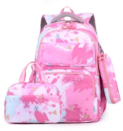 Amythe Sac D'école Cartable Fille Primaire et Secondaire, 3 pièces Comprend sac à déjeuner et trousse à crayons, Imperméable, 32 litres, Sac a Dos pour Enfants Filles 8 10-14 ans, Rose