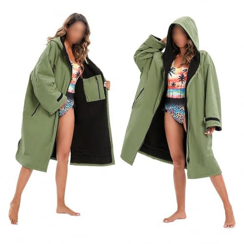 AXTMR Langärmlige, verdickte, warme Strand-Wechselkleidung, Dicker, winddichter Cape-Bademantel zum Surfen und Bademantel,Green,80X112CM