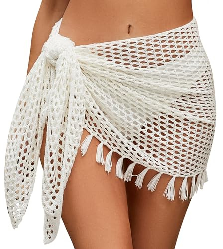 SEAUR Gonna da donna a maglia per la spiaggia, corta, trasparente, gonna avvolgente da spiaggia con cordoncino, mini sarong, pareo, a maglia, bikini cover up, rete a maglia, avvolgente, S-XL, L