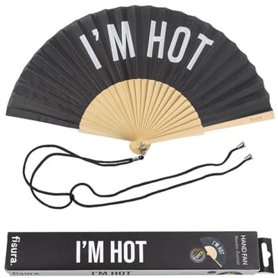 FISURA – Origineller Handfächer mit der Botschaft I'm hot. Moderner und witziger Holzfächer. Schwarzer Fächer. Fächer mit Fächerhalter. Maße: 42,5 x 23 cm.