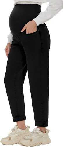 POSHGLAM Women's Maternity Boyfriend Jeans Over Belly Stretch Comfy Loose Casual Denim Pants with Pockets for Everyday Wear(Black, Medium)