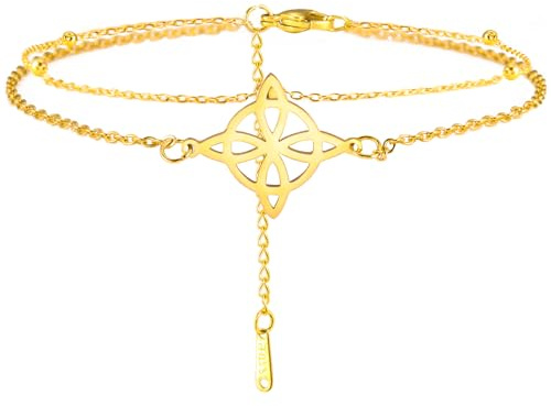 Dreamtimes Tobilleras Doble Cadena de Pie para Mujer, Nudo de Bruja de Acero Inoxidable, Estilo de Playa Boho de Moda, Joyería Wiccan