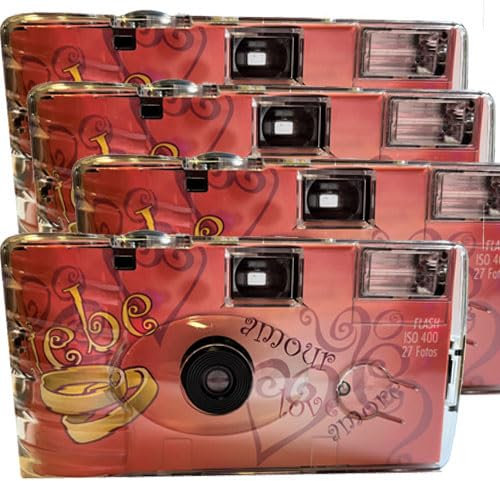 Lot de 4 appareils photo jetables 1A PHOTO PORST Edition Amore & Liebe avec cœurs, avec flash, piles et film (lot de 4, 27 prises chacune)