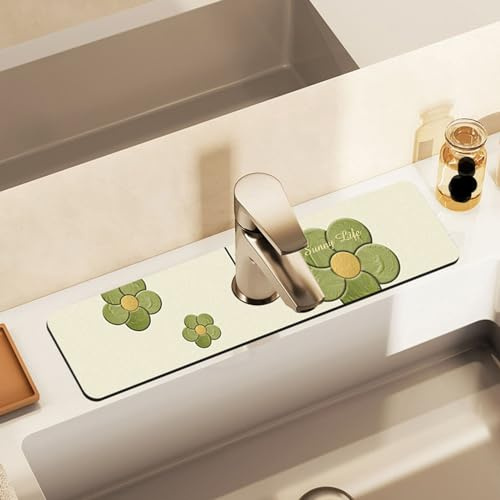 Morbuy Tappetino Assorbente per Rubinetto Bagno, Motivo Fiori Tappetino Rubinetto Lavello Cucina Asciugatura Rapida Paraspruzzi Lavabo Antiscivolo Tappetino per Asciugare (Verde,10x38cm)