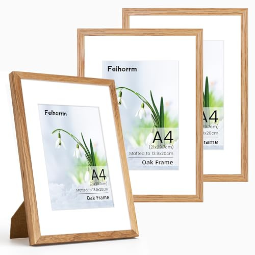 A4 Rahmen Massivholz Eichenholz A4 (21 x 30 cm) Urkunden Dokumentenrahmen, 3 Stück A4 Bilderrahmen mit Passepartout für A5 Drucke, A4 Posterrahmen mit gehärtetem Glas, vertikale & horizontale