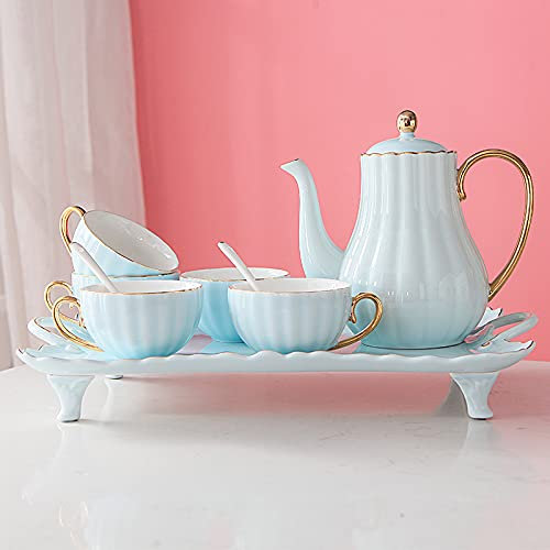 CCKUHN Teeservice aus Porzellan für Erwachsene, Kaffeetassen-Set, modernes Teeservice mit Teekanne, Tablett und Teelöffeln für Tee, Kaffee, Wasser, Pink (Blau)