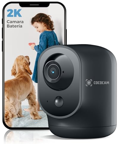 COCOCAM 2K Pan/Tilt-säkerhetskamera inomhus med 5200mAh batteri, Wifi-kamera, 100% trådlöst för babyvakt/husdjurskamera/hemsäkerhet, AI-igenkänning, PIR-mänsklig upptäckt (1, svart)
