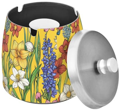 Posacenere per la casa in acciaio inossidabile con coperchio, per uomini e donne, fiori primaverili, narcisi, giacinti Daylily giallo, posacenere per esterni, patio, balcone, interni, inodore,