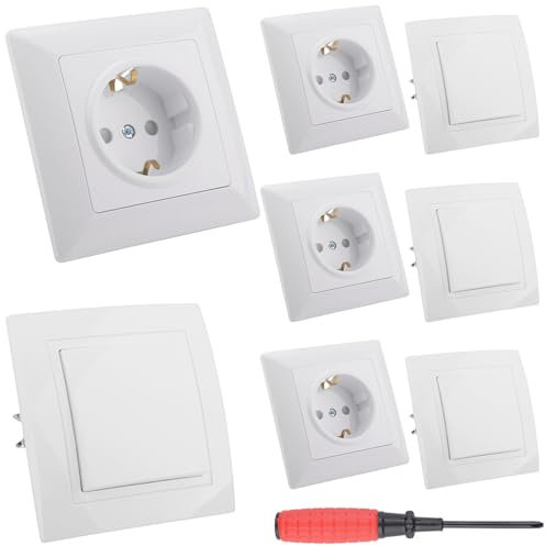 4 Pezzi Presa da Muro e 4 Pezzi Interruttore Luce Muro Presa Singola Parete Interruttore a Levetta da Incasso Bianco con Cornice 1 Vano con Cacciavite per Soggiorno Camera da Letto - 82×82mm