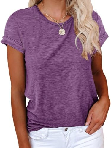 Cicy Bell T-shirt da donna a maniche corte per donna, top casual, girocollo, estivo, in cotone, Lilla, S