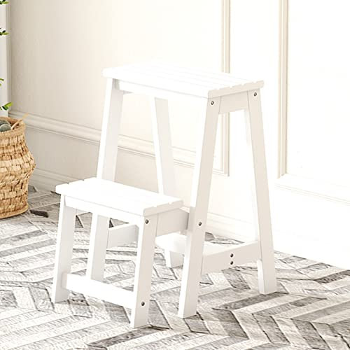 Indoor Climbing Stool, Small Foot Stool 2 Steps Ladders Chair, Wood Folding Step Stool Multifunction Stairs Chair Home Library Climb Ladder Kitchen Step,White