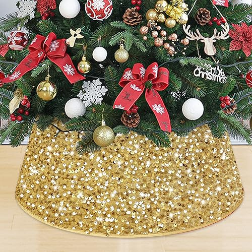 FUHSY Goldener Weihnachtsbaumkragen 60 cm Pailletten-Baumrock Runde Samt-Baumröcke Frohe Weihnachten Glitzer-Bäume Box-Kragen Künstliche Weihnachtsbäume Standfußabdeckung für Festtagsdekoration