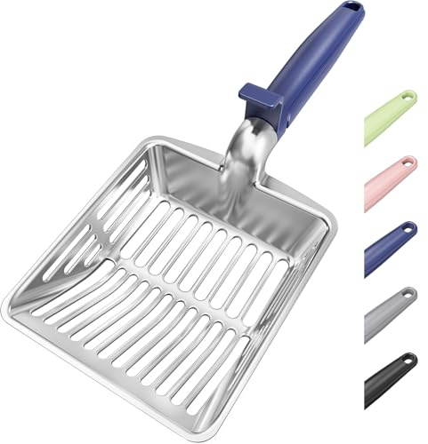 Large Metal Cat Litter Scoop w/ Deep Shovel, Dual-Size Holes & Hanging Hook | Heavy-Duty Kitty Scooper: Fast & Precise Sifting for Less Waste; Lightweight Aluminum Scoop w/ Long Handle & Easy-Hang - Blue