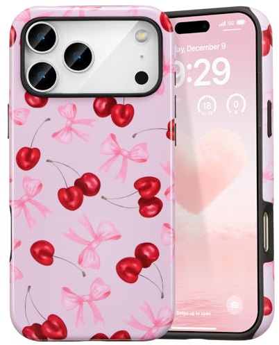 DEFBSC Fodral för iPhone 17 Pro Max, söt rosa rosett, körsbärstryck, estetiskt trendiga mönster, smalt, hållbart, stötsäkert, hybrid, hård baksida, mobiltelefonfodral, skyddsfodral, stor rosett/glans