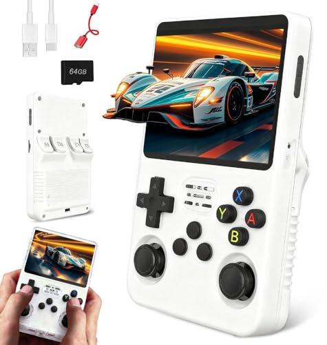 R36s Handheld Game Console, Retro R36s Game Console with 64G TF Card, 3.5 In Screen Linux System Retro Games Console Handheld (White, 64, GB)