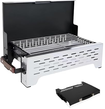 Barbecue portatile a carbonella, pieghevole, da tavolo, con manico in legno e ventilazione, ideale per cucinare all'aperto, campeggio, picnic e riunioni in giardino