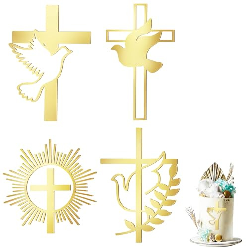 NISENTIA 4 Stück Taufe Deko Tortendeko Kreuz, Cake Topper Taufe Kommunion Deko Acryl Gold, Kuchendeko Kommunion Junge Mädchen, Torten Topper Personalisiert für Hochzeit Babyparty Kuchen Dekoration