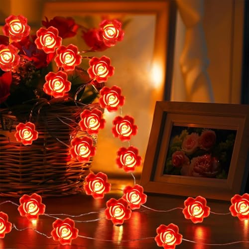 Kaleora LED Rosen Lichterkette, 2M 20 LED Rote Blüten Lichterkette Batteriebetrieben, Romantische Beleuchtung für Valentinstag, Hochzeit, Jahrestage, Party, Innen Deko