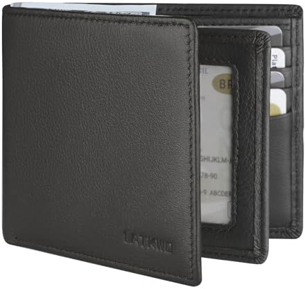 LATKWO Mens Wallet - Genuine Leather Bifold RFID Blocking Slim Front Pocket Large Capacity with 10 Card Slots, 2 ID Windows & 2 Cash Pockets - Heavy Duty Stitched Gift for Men (Black)