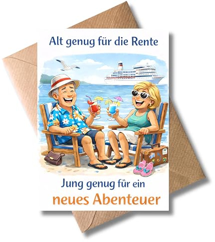 WBdesignz Rente Karte mit Umschlag - Glückwunschkarte „Alt genug für die Rente, jung genug für ein neues Abenteuer“ für Paare, Freunde & Familie zum Geburtstag oder Rentenbeginn (DIN A6)
