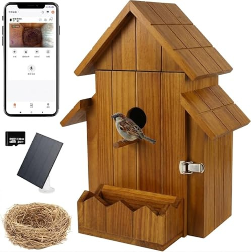 Bird Box with Camera Solar Powered, 1080p HD Bird Houses for Outside with Nest Auto Capture Photo & Video, 2.4G WiFi & App Notify Wooden Birdhouse (1, Dark, Mormal)