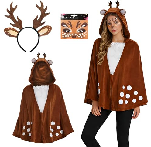Kefyvbdj Déguisement Renne Femme, 3 Pièces Costume de Cerf pour Adulte avec Serre-Tête + Tatouages de Visage, Rennes Déguisement Animaux Cosplay pour Adultes Costume Carnaval Conte de Fées Noël
