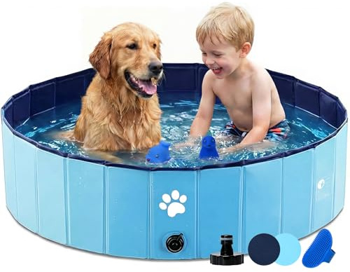 Dazhtu Bañeras para Piscina Perros Plegable, Piscina Perros Grandes, Piscina Plegable para Perros Gatos Bañera Portátil para Mascotas Antideslizante y Resistente, Azul, 100 x 30 cm