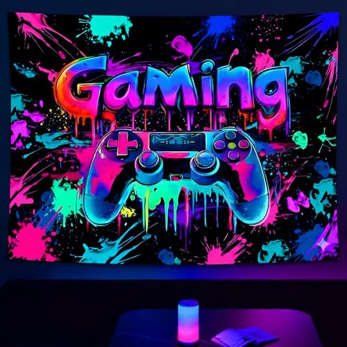 SparkLia Blacklight Gaming Tapestry, UV Reactive Cool Neon Game Controller Wall Hanging, Colorful Graffiti Video Game Wall Tapestries for Teen Dorm Living Room - 130 x 150 cm