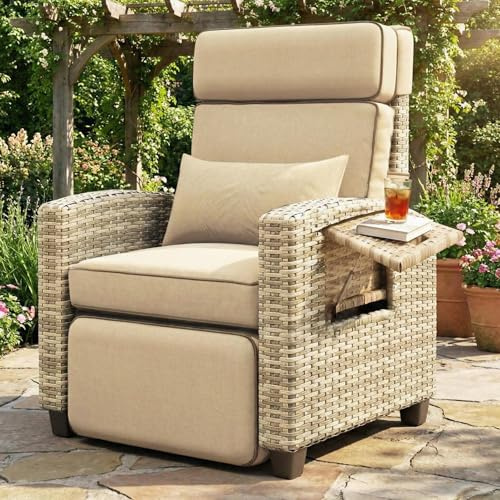 Outdoor Wicker Gas Lift Chair with Cushion, 145° Adjustable PE Rattan Patio with Metal Frame, Height Adjustable Lounge Chair for Garden, Patio, Balcony & Backyard,Brown Wicker ,Khaki Cushion