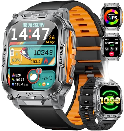 1000mAh Akku Smartwatch Herren Militär, 2.01 Sportuhr Herren mit Telefonfunktion/LED Taschenlampe, 100+ Sportmodi Fitnessuhr mit IP68,Herzfrequenz/Schlafmonitor,für Android iOS (TX12 Schwarz Silikon)