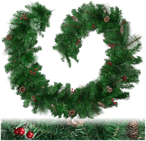tectake 403316 Weihnachtsgirlande mit Beeren und Tannenzapfen, detailliert und naturgetreu, Schlaufe zum Aufhängen, 270 cm, grün