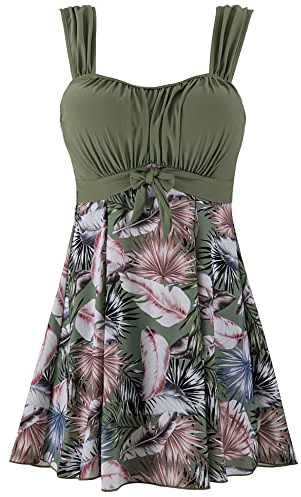 Wantdo Badeanzug Damen Formend Push-Up Tankini Grün mit Federn 48-50