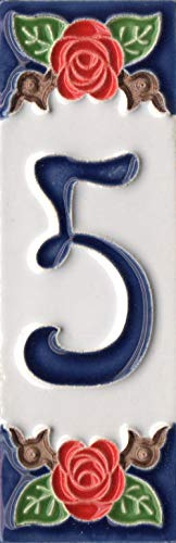 Numéros de maison, carreaux de chiffres et lettres italiens en céramique, motif rose, dimensions : 10 cm x 3,5 cm, 3 à 6 carreaux (numéro 5)